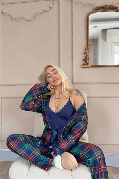 Navy Tartan Exclusive Örme Sabahlıklı Kadın Pijama Takım - 2