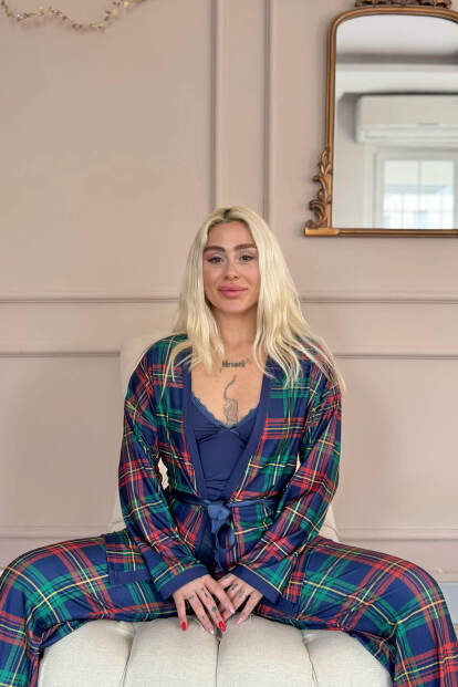 Navy Tartan Exclusive Örme Sabahlıklı Kadın Pijama Takım - 3