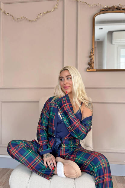 Navy Tartan Exclusive Örme Sabahlıklı Kadın Pijama Takım - 4