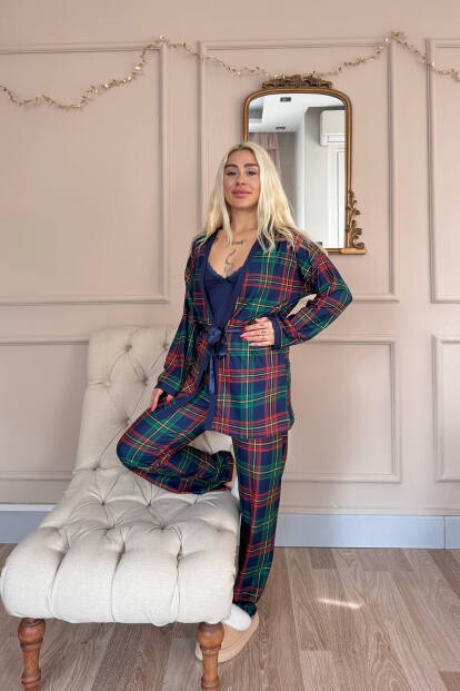 Navy Tartan Exclusive Örme Sabahlıklı Kadın Pijama Takım - 6