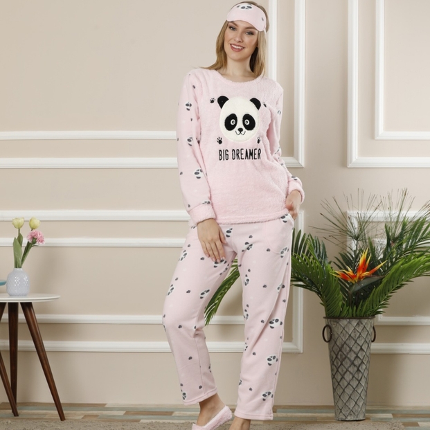 Panda Big Dreamer Desenli Kadın Peluş Pijama Takımı - 1