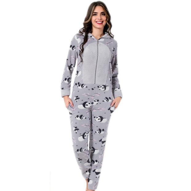 Panda Desenli Bayan Polar Tulum Pijama - 1