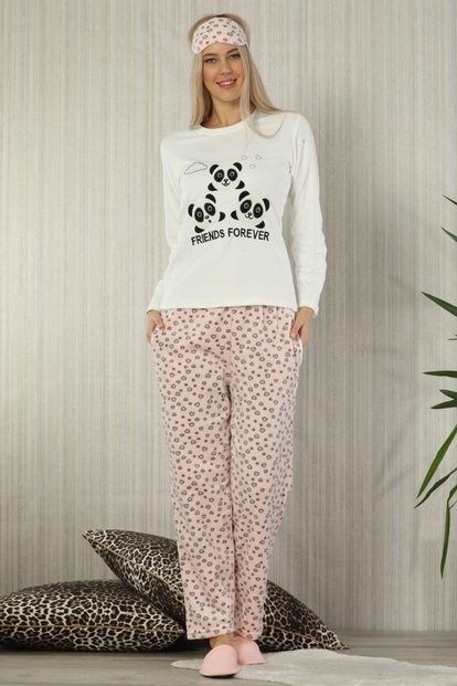 Panda Friends Desenli Sabahlıklı Peluş Pijama Takımı - 2