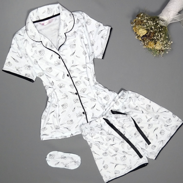 Papatya Desenli Önden Düğmeli Kısa Kollu Şortlu Pijama Takımı - 2