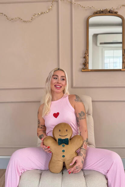 Pembe Amour Coeur Desenli Örme Sıfır Kol Kadın Pijama Takımı - 2