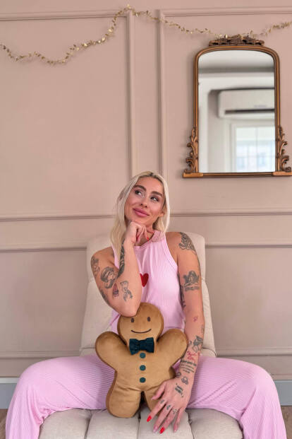 Pembe Amour Coeur Desenli Örme Sıfır Kol Kadın Pijama Takımı - 3