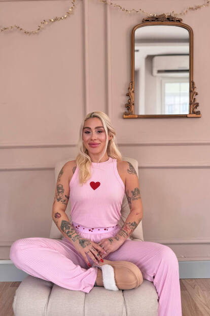 Pembe Amour Coeur Desenli Örme Sıfır Kol Kadın Pijama Takımı - 4