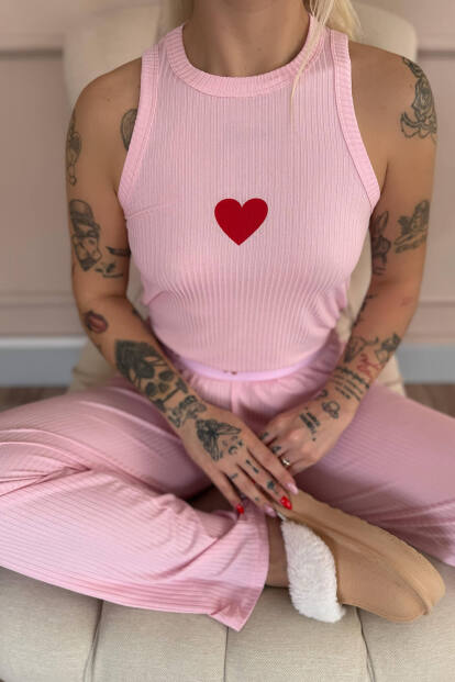 Pembe Amour Coeur Desenli Örme Sıfır Kol Kadın Pijama Takımı - 5