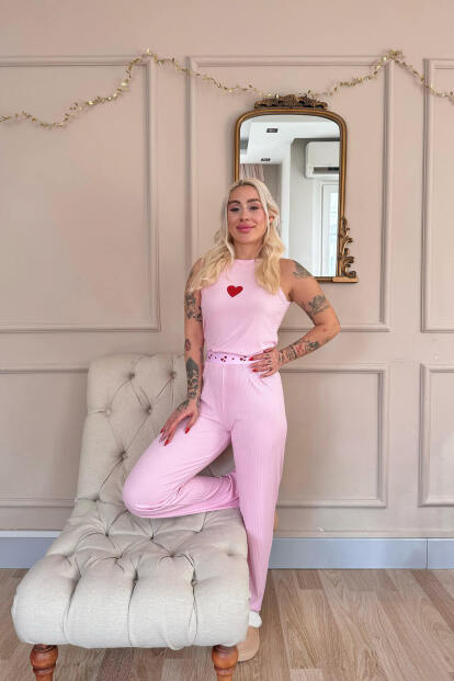 Pembe Amour Coeur Desenli Örme Sıfır Kol Kadın Pijama Takımı - 6