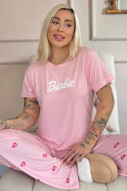 Pembe B Desenli Bambu Kısa Kol Kadın Pijama Takımı 