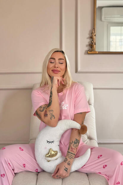 Pembe B Desenli Bambu Kısa Kol Kadın Pijama Takımı - 2