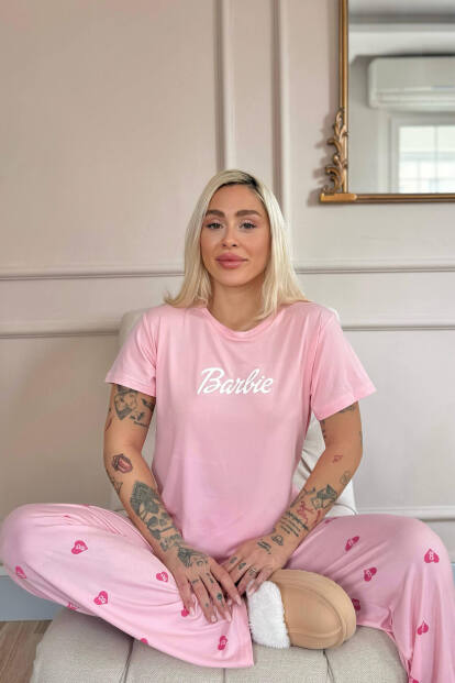 Pembe B Desenli Bambu Kısa Kol Kadın Pijama Takımı - 3