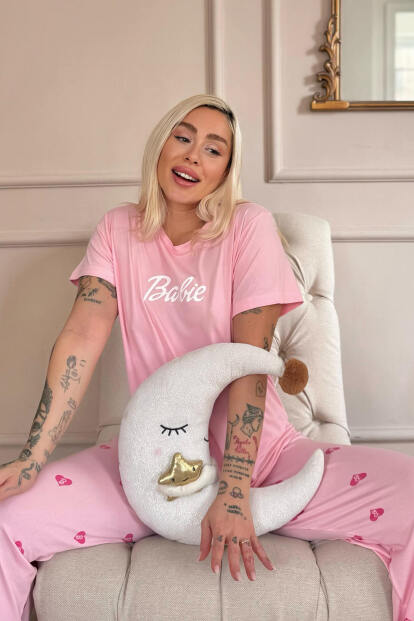 Pembe B Desenli Bambu Kısa Kol Kadın Pijama Takımı - 4