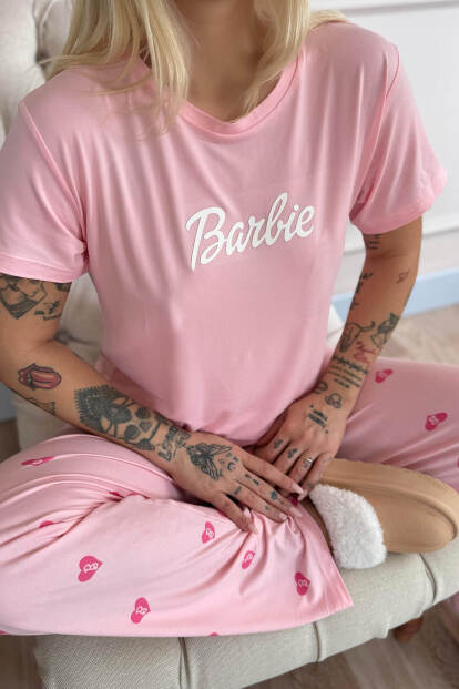 Pembe B Desenli Bambu Kısa Kol Kadın Pijama Takımı - 5