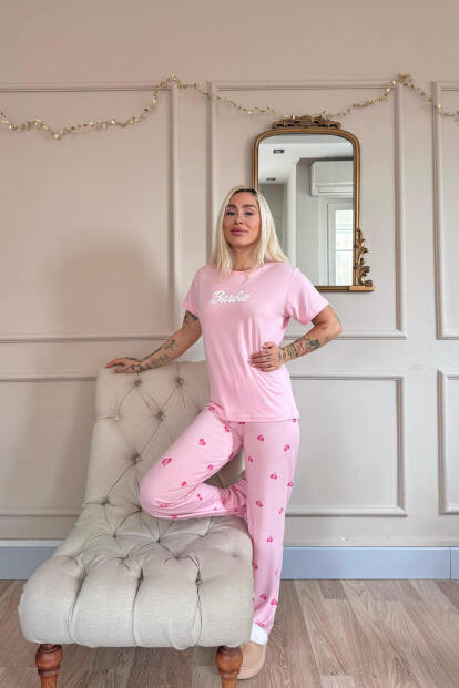 Pembe B Desenli Bambu Kısa Kol Kadın Pijama Takımı - 6