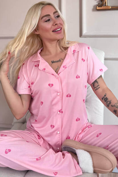 Pembe B Desenli Bambu Önden Düğmeli Kısa Kol Pijama Takımı 
