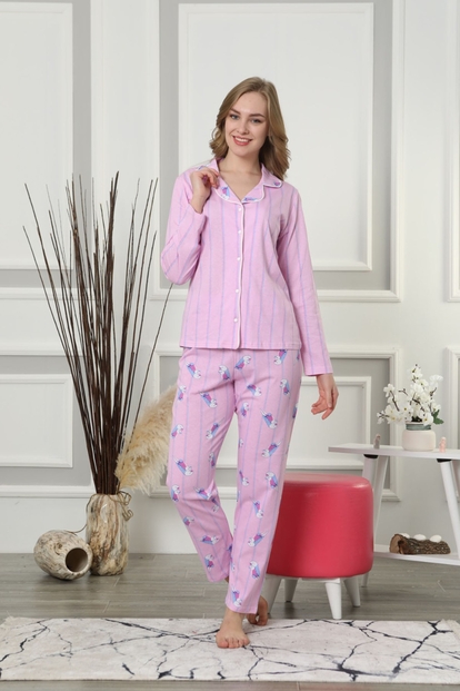 Pembe Bird Desenli Önden Düğmeli Kısa Kollu Pijama Takımı - 2