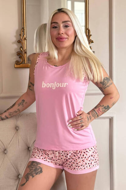Pembe Bonjour Desenli Sıfır Kol Şortlu Örme Kadın Pijama Takımı 