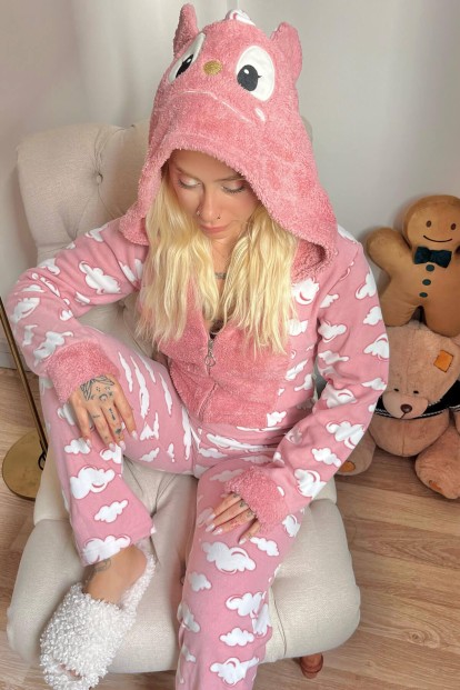 Pembe Bulut Desenli Kadın Polar Peluş Tulum Pijama Takımı - 4