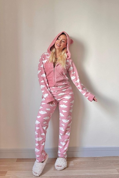Pembe Bulut Desenli Kadın Polar Peluş Tulum Pijama Takımı - 5