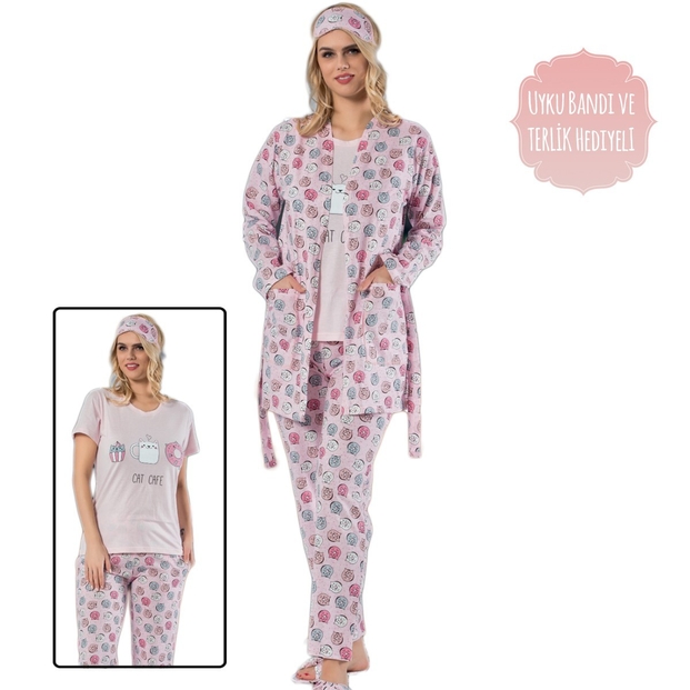 Pembe Cat Cafe Desenli Sabahlıklı Pijama Takımı - 1