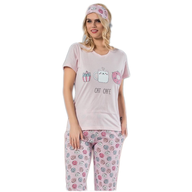 Pembe Cat Cafe Desenli Sabahlıklı Pijama Takımı - 3