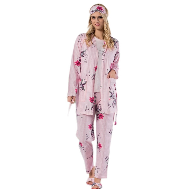 Pembe Çiçek Desenli Sabahlıklı Pijama Takımı - 1