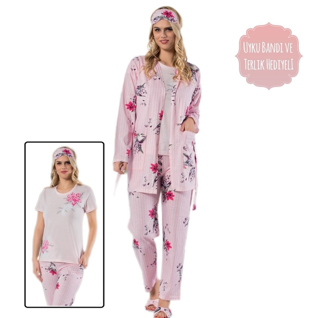 Pembe Çiçek Desenli Sabahlıklı Pijama Takımı - 3