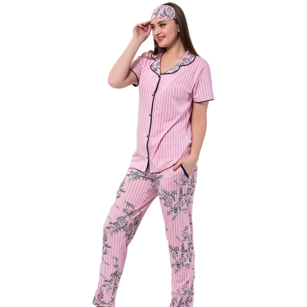 Pembe Çiçek Kuş Desenli Önden Düğmeli Kısa Kollu Pijama Takımı - 1