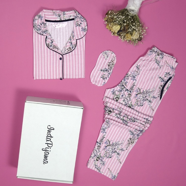 Pembe Çiçek Kuş Desenli Önden Düğmeli Kısa Kollu Pijama Takımı - 2