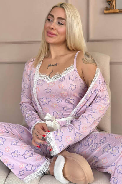 Pembe Çizgi Çiçek Desenli Sabahlıklı Pegasus Pijama Takımı 