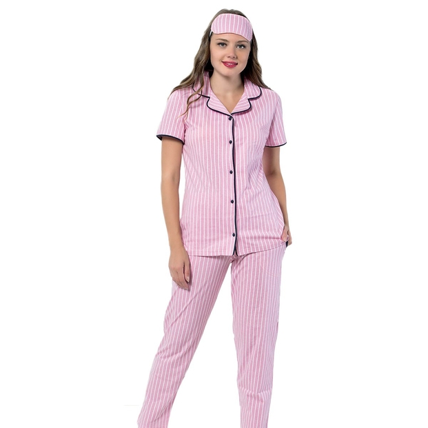 Pembe Çizgili Önden Düğmeli Kısa Kollu Pijama Takımı - 1