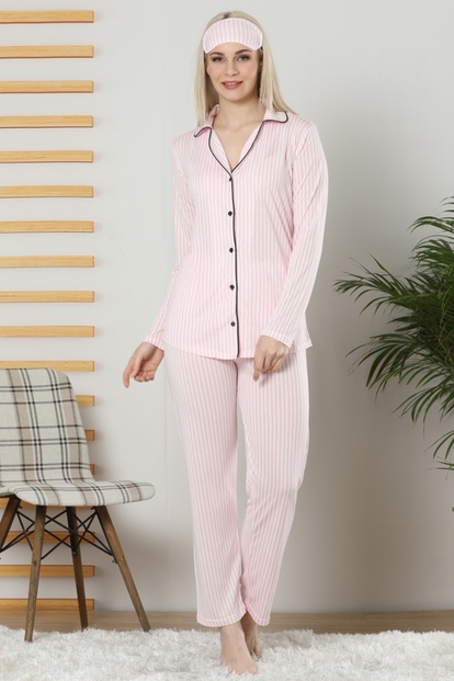 Pembe Çizgili Önden Düğmeli Pijama Takımı - 2