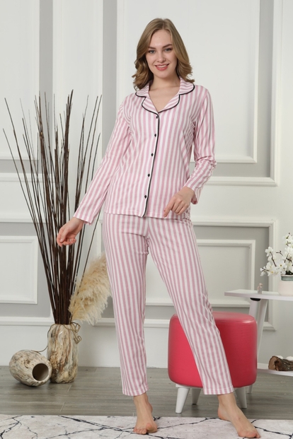 Pembe Çizgili Önden Düğmeli Uzun Kollu Pijama Takımı - 2