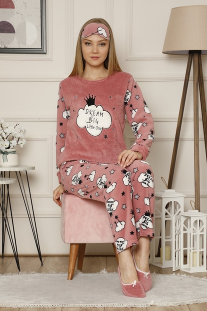 Pembe Dream Big Desenli Kadın Peluş Pijama Takımı - 1