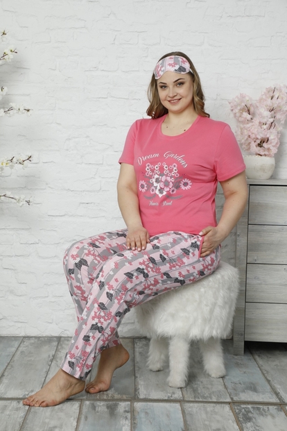 Pembe Dream Garden Desenli Kısa Kollu Büyük Beden Battal Pijama Takımı - 1