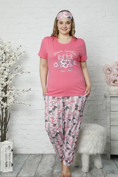 Pembe Dream Garden Desenli Kısa Kollu Büyük Beden Battal Pijama Takımı - 2