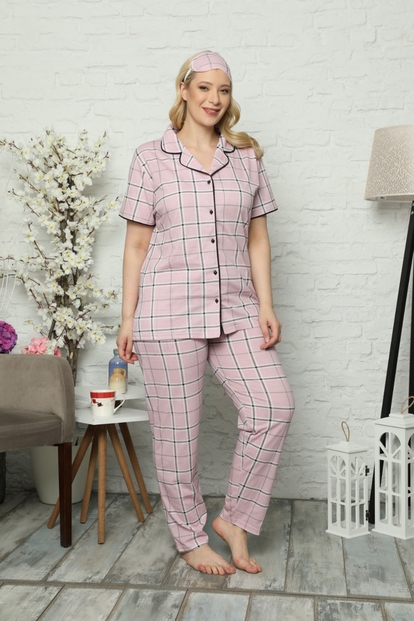 Pembe Ekoseli Önden Düğmeli Kısa Kollu Büyük Beden Battal Pijama Takımı - 2