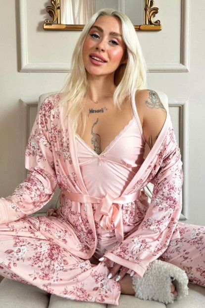 Pembe Flore Exclusive Örme Sabahlıklı Kadın Pijama Takımı 