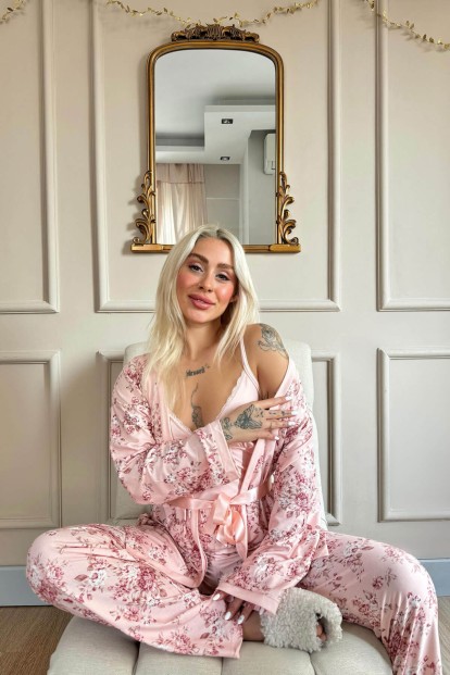Pembe Flore Exclusive Örme Sabahlıklı Kadın Pijama Takımı - 2