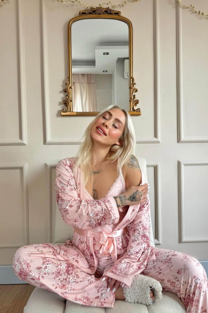 Pembe Flore Exclusive Örme Sabahlıklı Kadın Pijama Takımı - 3