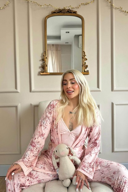 Pembe Flore Exclusive Örme Sabahlıklı Kadın Pijama Takımı - 4