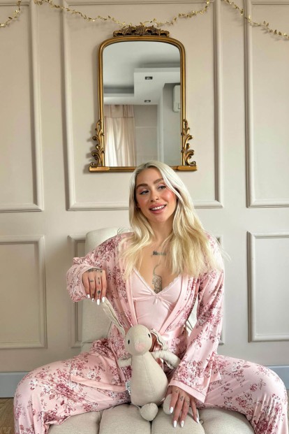 Pembe Flore Exclusive Örme Sabahlıklı Kadın Pijama Takımı - 5