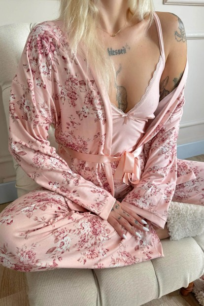 Pembe Flore Exclusive Örme Sabahlıklı Kadın Pijama Takımı - 6