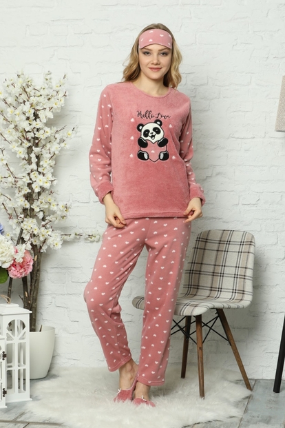Pembe Hello Love Desenli Kadın Peluş Pijama Takımı - 1