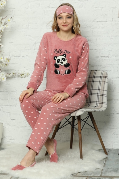Pembe Hello Love Desenli Kadın Peluş Pijama Takımı - 2