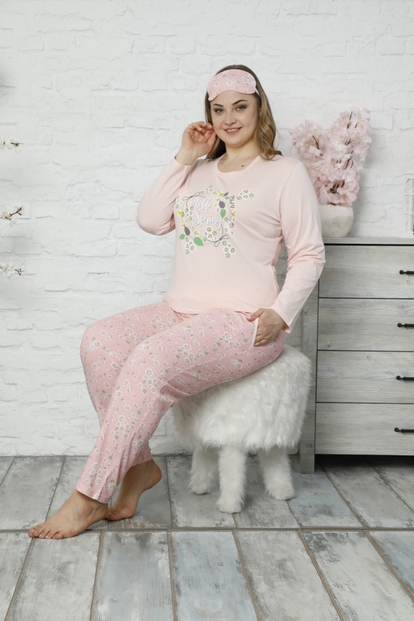 Pembe Hello Spring Uzun Kollu Büyük Beden Battal Pijama Takımı - 1