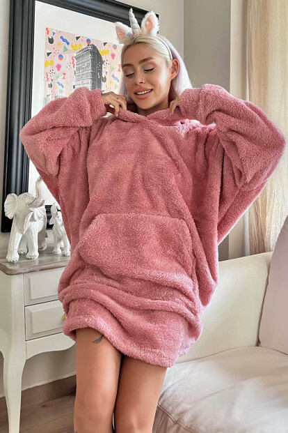 Pembe Kapşonlu Tam Peluş Oversize Sweat Panço Pijama - Pijamaevi