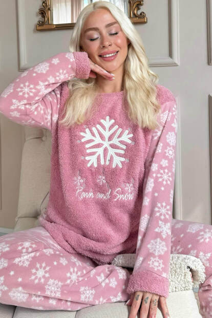 Pembe Kartanesi Desenli Kadın Peluş Pijama Takımı - Pijamaevi