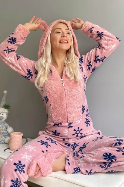 Pembe Kartanesi Desenli Kadın Polar Peluş Tulum Pijama 